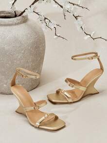 SHUZIA 女士优雅舒适金属PU踝带坡跟凉鞋 - 金色 - 查看 6