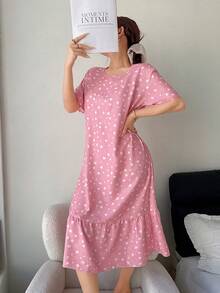 SHEIN Women's Romantic & Fresh Star & Heart Print Loose Knit Ruffle Hem Long Nightgown - Pink - View 6