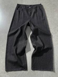 ROMWE MEN Goth 男士休闲时尚街头哥特风十字植物印花宽松阔腿牛仔裤 - 黑色 - 查看 2