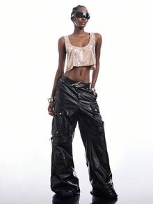 LYSMO Women's Fashionable Sexy Sequin Cropped Camisole - Khaki - View 3