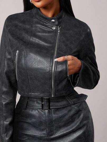 Radiana Women's Retro Short Zip-Up Jacket, Brown Motorcycle PU Leather Coat, New Autumn/Winter Style,Spring To Summer,