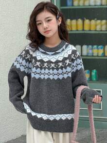 DAZY Áo len dài tay cổ tròn phối màu phong cách Hàn Quốc dáng rộng thoải mái cho bé gái tuổi teen, thích hợp mùa thu/đông. - Xám - Xem 6