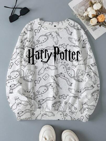 HARRY POTTER X SHEIN Women's Casual Owl Print Crew Neck Sweatshirt, Autumn