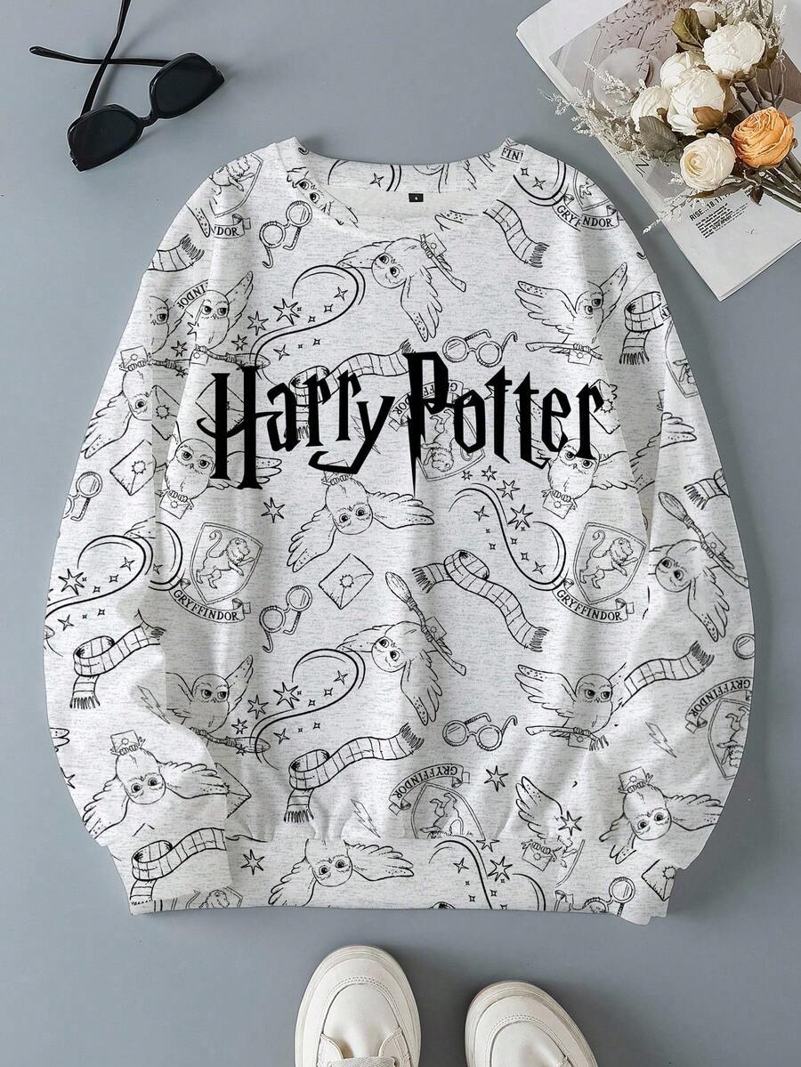 HARRY POTTER X SHEIN Sudadera casual de cuello redondo con estampado de búho para mujer, otoño - Blanco - Ver 1