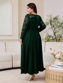 Modelyn 大码优雅派对纯色蕾丝拼接连衣裙 - 墨綠色 - 查看 2