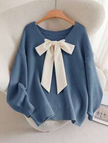 CosyJoli 大码休闲V领蝴蝶结系带宽松套头毛衣 - 霧霾藍 - 查看 6