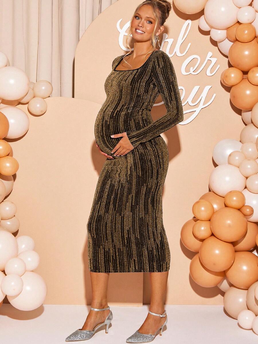 Loomaby Maternity Fashionable Party Sequin Bodycon Dress Babyshower Dress Maternity Pregnant Dress Bump Friendly Dress Maternity Dress Pregnancy Dress For Photoshoot - Gold - View 1