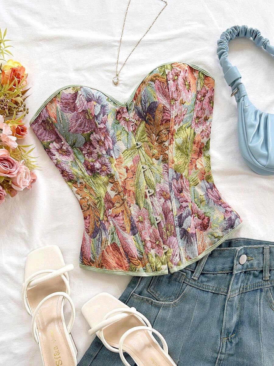 Soleia 女士复古宫廷风彩色花卉提花印花抹胸露脐上衣，带纽扣和后系带 - 彩色 - 查看 1
