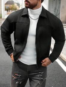 Manfinity CasualCool 男士休闲纯色拉链立领夹克，秋季黑色拉链夹克，商务正装风格，老款 - 黑色 - 查看 5