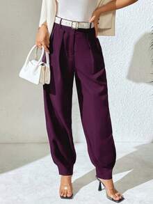 Xyvia Women's Elegant High Waist Double Button Decor Pleated Long Slim Pants, Casual, Spring/Autumn - Purple - View 6