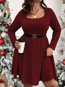 Vionelle Plus Ribbed Knit Scoop Neck Dress Without Belt Fall Cloth For Women - Burgundy - View 3