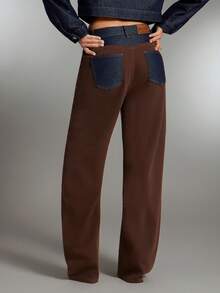 Denimoi 双色拼色高腰直筒牛仔裤 秋冬西部时尚女牛仔装 - 彩色 - 查看 5