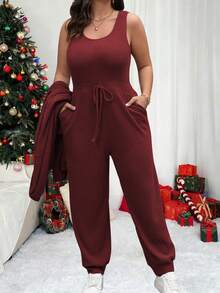 Vionelle Bộ 2 áo liền quần không tay màu trơn và áo khoác cardigan dài tay cho nữ - Màu Đỏ Sâu - Xem 4