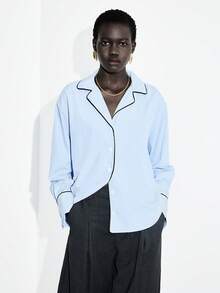 Lumivelle Autumn Fashion Commuter Striped Contrast Trim Shirt - Blue - View 6