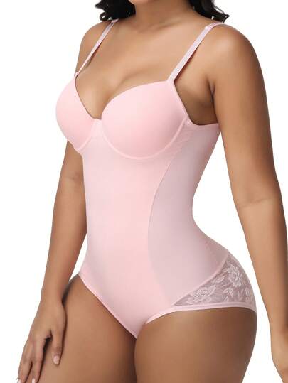 SHAPORA Women's Solid Color Contrast Lace Shapewear Bodysuit (With Underwire)