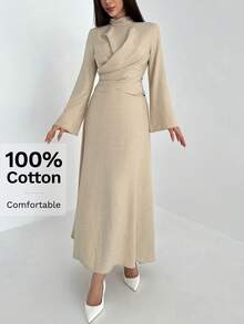 Aloruh Khaki minimalistischer Büro-Pendler-Outfit, strukturierter Stoff, neue Herbst/Winter Version, lange Glockenärmel, Stehkragen, geraffete Taille A-Linie langes Kleid für Frauen