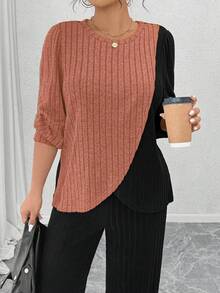 EMERY ROSE Plus Size Crew Neck Long Sleeve Soft Knit Ribbed Colorblock Asymmetrical Patchwork Top And Soft Knit Ribbed Straight Leg Pants Casual Loungewear 2 Pieces Set - Multicolor - View 6