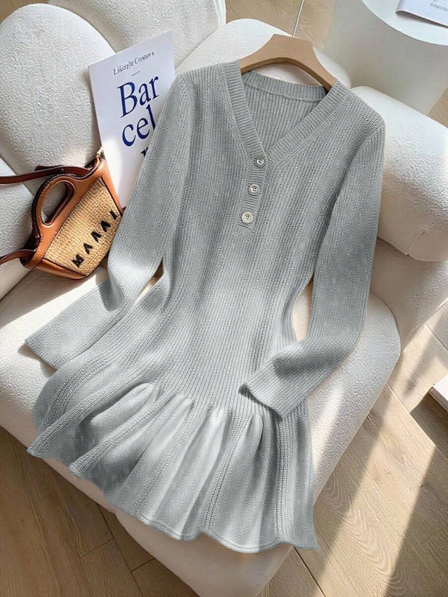 Franclia 新款秋冬法式束腰鱼尾针织连衣裙 - 淺灰色 - 查看 1