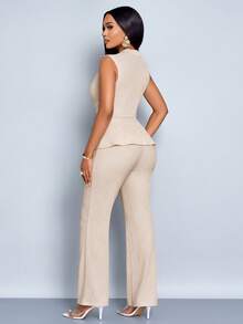 SOLERSUN Bộ đồ hai mảnh áo phông dài tay cổ chữ V thanh lịch màu mơ cho nữ, quần ống rộng, viền bất đối xứng, trang phục thường ngày không tay tay ngắn cho nữ mùa xuân và mùa hè, trang phục công sở cho phụ nữ, phong cách công sở giản dị cổ điển - Màu be - Xem 2