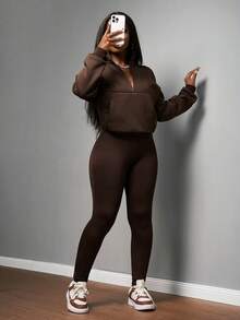 Slaydiva 2025新款秋冬休闲街头风基础款运动瑜伽拉链连帽衫+紧身裤套装 - - 棕色 - 查看 4