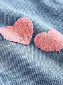 SHEIN Quần denim xanh rộng rãi thêu họa tiết trái tim hồng cho bé gái - Rửa trung bình - Xem 5