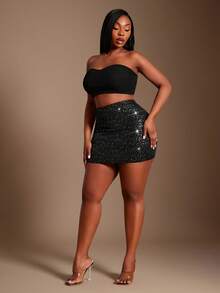 SHEIN SXY 大码女式纯色基础款黑色亮银色波点性感休闲迷你紧身裙（含打底裤），秋季女装，适合宴会、盛宴、晚宴、舞会、都市、性感职场女郎、邮轮、复古、节日、音乐会、嘉年华、郊游、层次丰富的场合、假日、约会之夜、聚会、生日、单身派对、鸡尾酒会、正式活动、端庄、时尚、夜店、可爱、休闲、外出，凸显身材，修饰身形，打造迷人曲线 - 黑色 - 查看 8