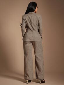 Radiana Bộ vest len họa tiết răng sói màu nâu thanh lịch cổ điển dành cho nữ, áo khoác blazer đính cúc hoa vàng + quần ống loe ôm 2 mảnh, trang phục công sở trang trọng, phù hợp để đi làm, đi làm, đi tiệc, mặc hàng ngày, vừa vặn - màu nâu - Xem 2