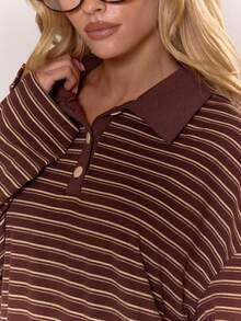 MUSERA Áo sơ mi dài tay cổ bẻ kẻ sọc dáng rộng, cài cúc, thích hợp cho mùa thu, ấm áp, dễ thương, thường ngày, đi cà phê, câu lạc bộ, mùa xuân, hè, ngày lễ. - Màu nâu Sô-cô-la - Xem 6