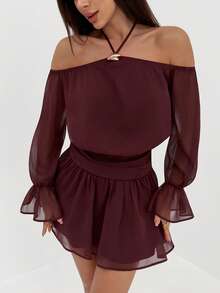 Aloruh Váy ngắn hở vai màu trơn gợi cảm thời trang dành cho nữ - Màu Khaki - Xem 6