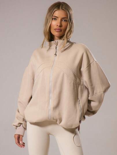  Musera Sport Överdimensionerad Down Shoulder Sömdetalj Dragkedja Genomgående Jacka Höst Höst Vinter Aktiv Sport Gym Träning Lounge Padel Fitness Casual