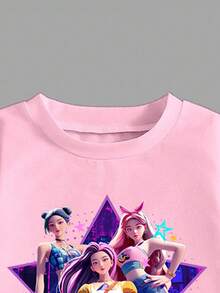 SHEIN Explorewe 两件套女童休闲时尚春夏套装，卡通人物甜美设计，短袖圆领T恤搭配工装裙，舒适的短袖圆领T恤搭配打底裤，适合春夏穿着，时尚休闲，街头风，户外野餐，上学，聚会，礼物 - 彩色 - 查看 5