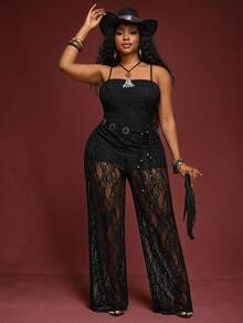 Veslaya 大码无袖性感透视蕾丝连体裤 - 黑色，优雅适合派对、约会、音乐节 - 黑色 - 查看 2