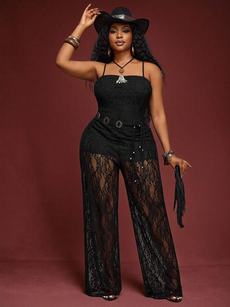 Veslaya 大码无袖性感透视蕾丝连体裤 - 黑色，优雅适合派对、约会、音乐节