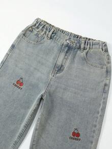 Teen Girls Cute Retro Vintage Light Blue Straight Leg Jeans,Y2K Aesthetic Loose Fit Cotton Denim With Embroidered Cherry,Summer Holiday Back-To-School - Light Wash - View 6