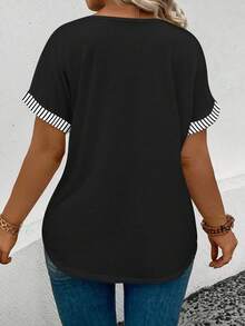 Selamara 新款大码女式时尚条纹领V领宽松短袖T恤 - 黑色 - 查看 2