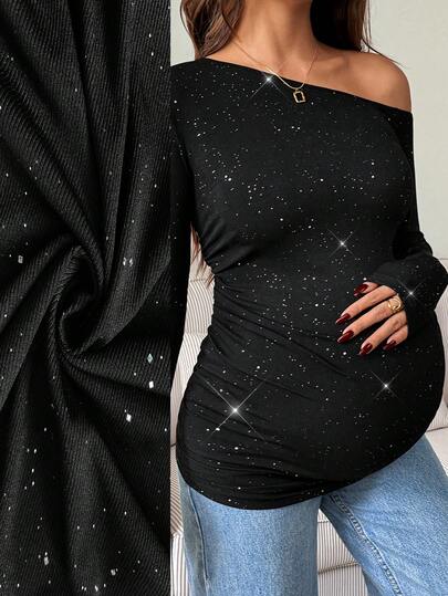 SHEIN Fall Clothes,Autumn Clothes,Maternity Autumn/Winter Clothes Maternity Pregnant Women's Casual Rhinestone Oblique Shoulder Fitted Long Sleeve T-Shirt, Autumn Maternity Tops Maternity Clothes Long Sleeve Black Top Pregnancy Shirts Off Shoulder Top Pregnancy Clothes Pregnant Outfits Breastfeeding Shirt