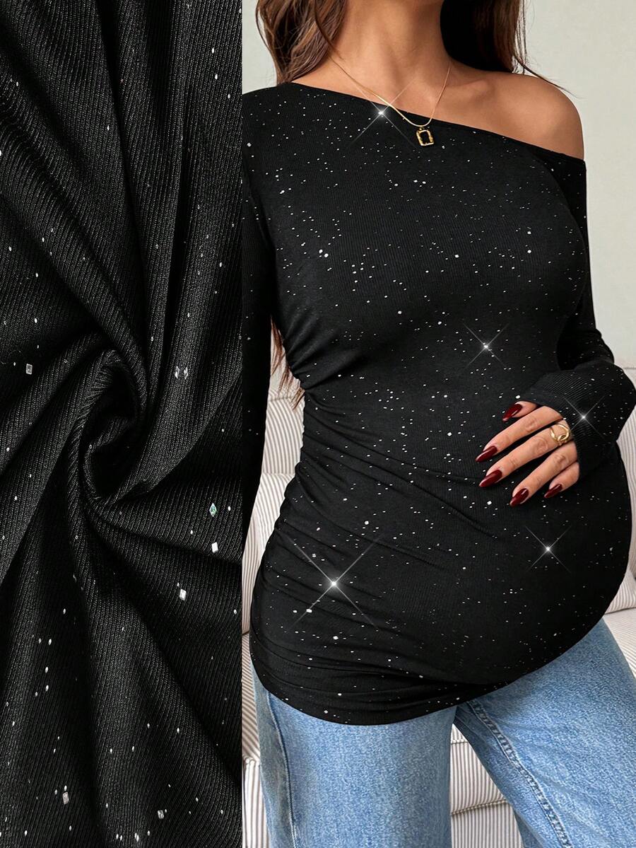 SHEIN ملابس علوية طويل الأكمام مطرز بالراين ستون غير متماثل الكتف مناسب للحمل في فصل الخريف/الشتاء، ملابس علوية سوداء طويلة الأكمام - الأسود - مشاهدة 1