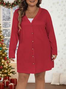 Vionelle 大码纯色前开襟长袖外套，适合新年穿着 - 紅色 - 查看 8