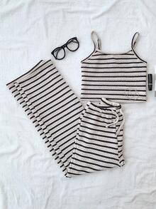 少女休闲蕾丝边吊带背心和阔腿条纹针织裤套装，适合日常穿着 - 黑與白 - 查看 6