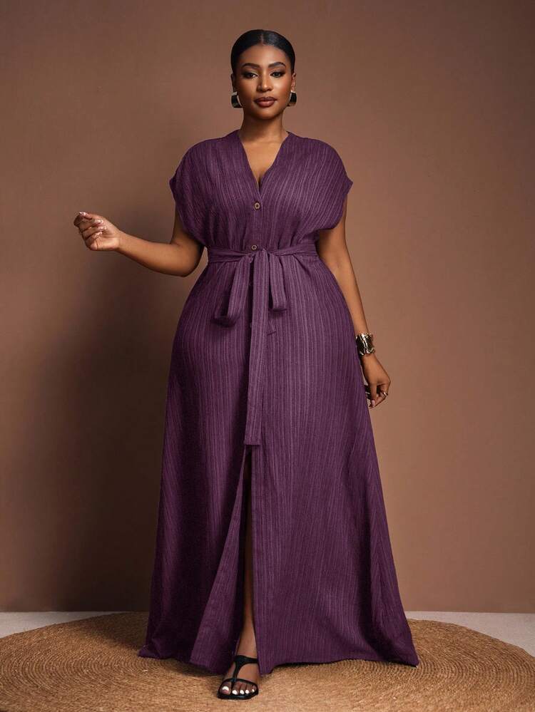 Versatile All-Match Casual Elegant Ruffled Tie Waist Short Sleeve Plus Size Beach Dress, Suitable For Easter, Western, Beach, Boho - Purple - View 4