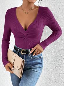SHEIN Frenchy 秋冬季扭结前片罗纹针织毛衣 - 中紫紅色 - 查看 4