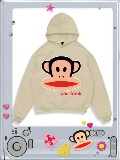 Paul Frank X ROMWE Men's Casual Monkey Print Loose Fit Hooded Sweatshirt, Autumn