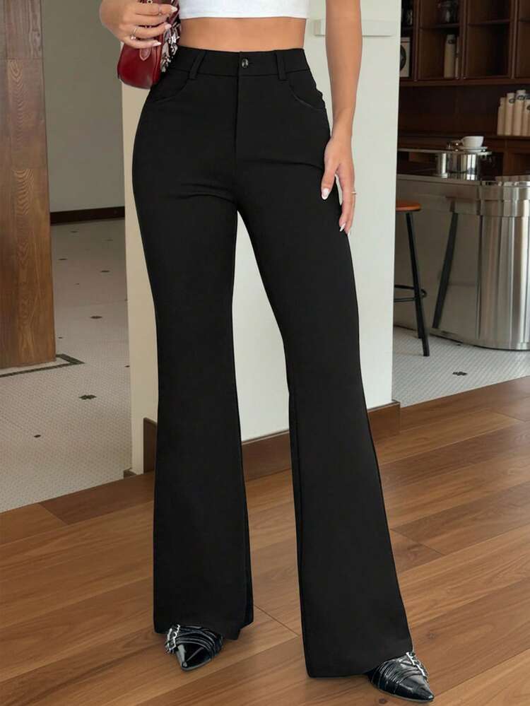 SHEIN EZwear سراويل كاجوال واسعة باللون الأسود سادة مع أزرار أمامية، ملابس رمضان - الأسود - مشاهدة 4