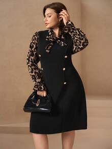 Chikora 大码豹纹拼接双排扣领带优雅长袖连衣裙 - 彩色 - 查看 6