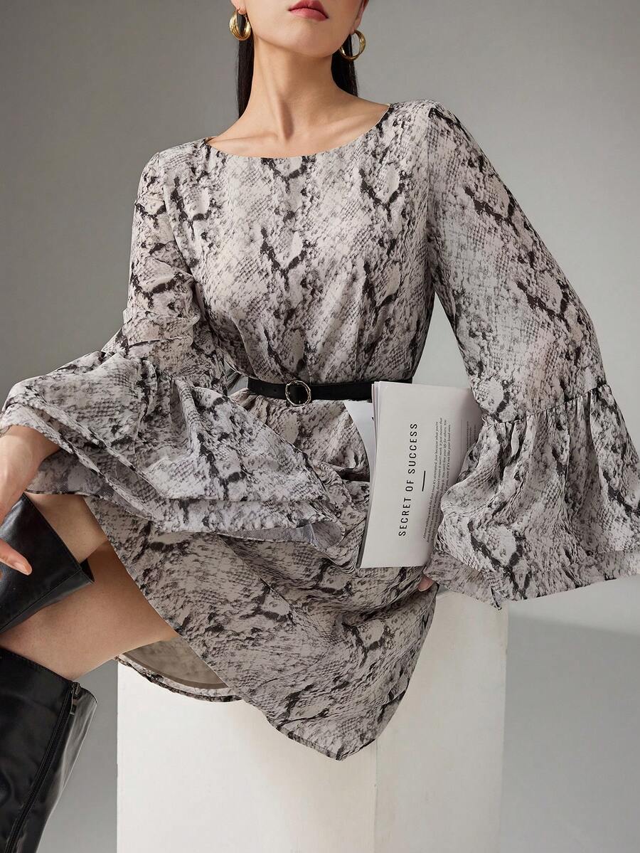Heiryn Women's Random Print Long Sleeve Short Dress Layered Dress Ruched Cuff Dress Belted Dress Snake Print Dress - Multicolor - View 1