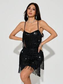 SHEIN PETITE Sequin & Tassel Decor Spaghetti Strap Off Shoulder Sleeveless Solid Color Dress, Suitable For Beach, Party, Club, Date - Black - View 8
