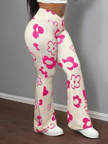 Slaydiva 新款休闲街头运动风弹力腰带阔腿裤，饰以全幅树枝印花，两侧配有立体工作口袋，专为女性设计。 - 玫紅色 - 查看 4