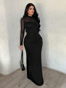 SHEIN SXY 女士时尚通勤网眼拼接修身连衣裙 - 黑色 - 查看 8