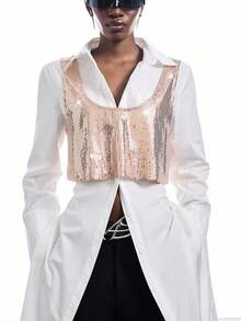 LYSMO Women's Fashionable Sexy Sequin Cropped Camisole - Khaki - View 6