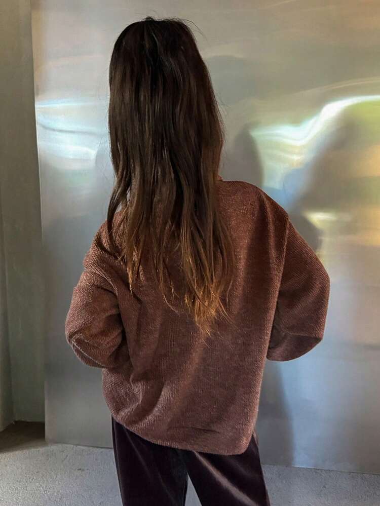Young Girl Plain Drop Shoulder Long Sleeve Turndown Collar Half Placket Casual Sweatshirt